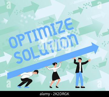 Handwriting text Optimize Solution. Business idea process of finding the greatest value of the solution Four Colleagues Drawing Standing Holding Large Arrow For Success. Stock Photo