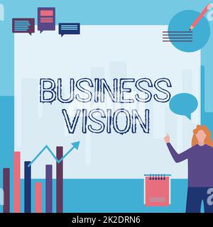 Handwriting text Business Vision. Word Written on grow your business in the future based on your goals Businesswoman Casual Standing Presenting Charts And New Wonderful Ideas. Stock Photo