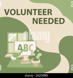Text sign showing Volunteer Needed. Business concept Volunteer Needed Hand Showing Letters Pointing Web Browser Screen With Cactus On Side. Stock Photo