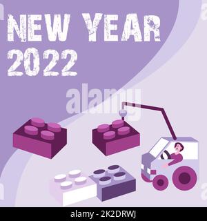 Conceptual caption New Year 2022. Conceptual photo Greeting Celebrating Holiday Fresh Start Best wishes Man In Crane Moving Around Blocks Presenting New Ideas. Stock Photo