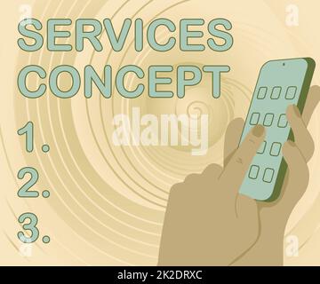 Text showing inspiration Services Concept. Internet Concept mediate between customer needs and company strategic intent Hands Holding Technological Device Pressing Application Button. Stock Photo