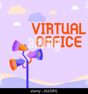 Inspiration showing sign Virtual Office. Word for Virtual Office Pole Megaphones Drawing Making Announcement To An Open Space. Stock Photo