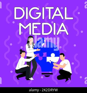 Text showing inspiration Digital Media. Business concept digitized content that can be transmitted over the internet Employee Drawing Helping Each Other Building Light Bulb Jigsaw Puzzle. Stock Photo