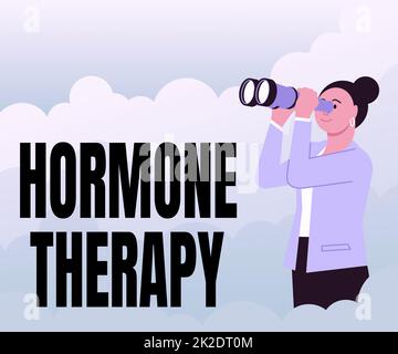 Sign displaying Hormone Therapy. Business idea use of hormones in treating of menopausal symptoms Woman Looking Through Hand Held Telescope Seeing New Opportunities. Stock Photo