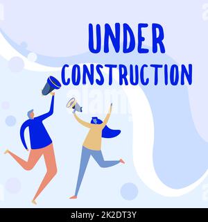 Sign displaying Under Construction. Business idea project that is unfinished but actively being worked on Illustration Of Partners Jumping Around Sharing Thoughts Through Megaphone. Stock Photo