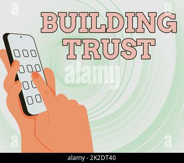Hand writing sign Building Trust. Concept meaning activity of emerging trust between showing to work effectively Hands Holding Technological Device Pressing Application Button. Stock Photo