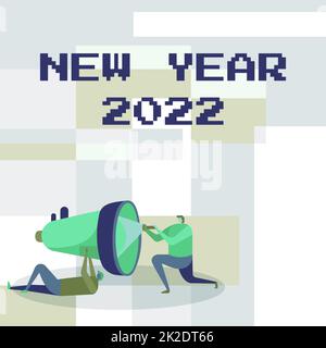 Text sign showing New Year 2022. Business concept Greeting Celebrating Holiday Fresh Start Best wishes Workers Drawing Helping One Other With Flashlight To Fix Megaphone. Stock Photo