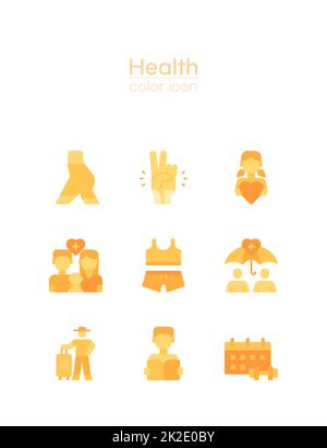 health, diet and fitness theme orange and yellow colored flat icon set Stock Photo