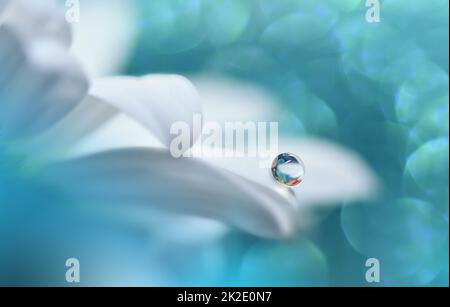 Beautiful Macro Shot.Magic Flowers.Art Design.Magic Light.Extreme Close up Photography.Conceptual Abstract Image.Blue Background.Fantasy Art.Creative Wallpaper.Beautiful Nature Background.Amazing Spring Flower.Water Drop.Copy Space.Turquoise Color. Stock Photo