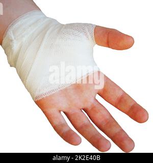 Injured painful hand with white gauze bandage on white background Stock Photo