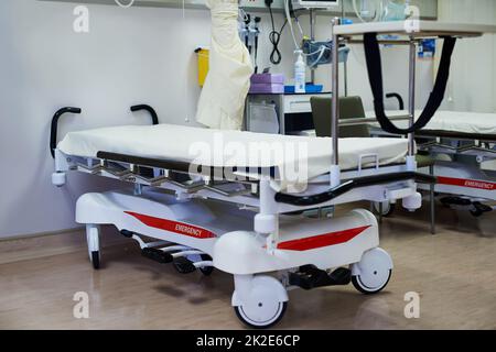 Everything needed to sustain human life. Shot of a bed in a hospital ward. Stock Photo