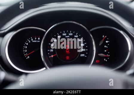 Dashboard display. Closeup shot of a dashboard inside a motor vehicle. Stock Photo