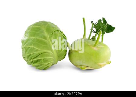 Fresh white cabbage and kohlrabi with green leaves Stock Photo