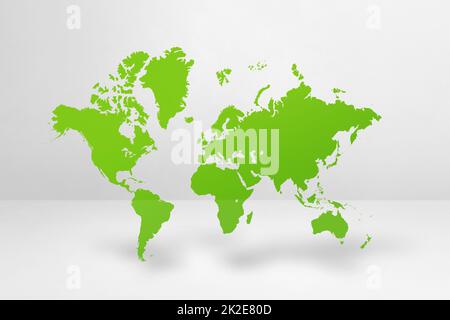 Green world map isolated on white wall background. 3D illustration ...