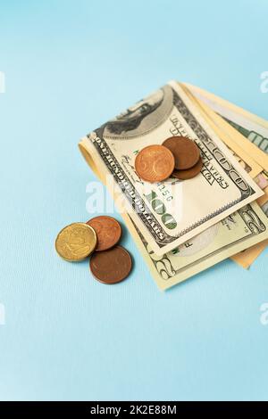 International currency money including euro, dollar, coin, dollar bill. Close-up. Stock Photo