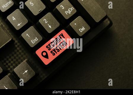 Text caption presenting Security System. Business overview system designed to detect intrusion or unauthorized entry Abstract Typing Product Documentations, Creating Brand New Book Stock Photo