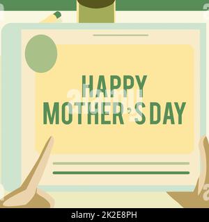 Text sign showing Happy Mother S Is Day. Concept meaning celebration honoring mums and celebrating motherhood Illustration Of A Hand Using Big Tablet Searching Plans For New Amazing Ideas Stock Photo