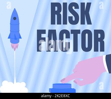 Inspiration showing sign Risk Factor. Concept meaning Characteristic that may increase the percentage of acquiring a disease Man Hand Pressing Button To Launch Rocket To Space For New Horizons. Stock Photo