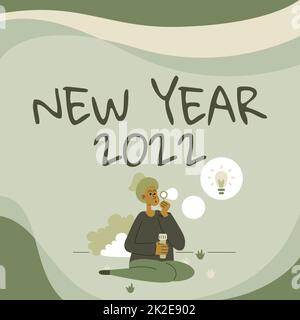 Text sign showing New Year 2022. Word Written on Greeting Celebrating Holiday Fresh Start Best wishes Lady Sitting In Park Blowing Balloons Thinking Of New Thoughts With Idea Lamp. Stock Photo