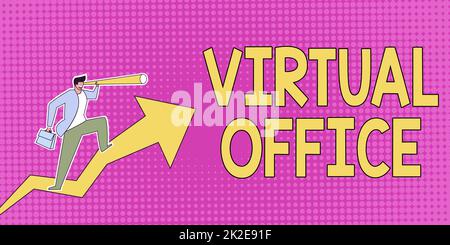 Text showing inspiration Virtual Office. Concept meaning Virtual Office Man Drawing Holding Graph Arrow Showing Business Growth. Stock Photo