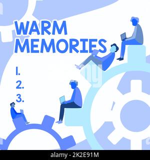 Text sign showing Warm Memories. Business overview Warm Memories Four Teammates Drawing Sitting Gears Using Laptop Showing Progress. Stock Photo