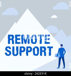 Text showing inspiration Remote Support. Business concept help endusers to solve computer problems and issues remotely Gentleman In Suit Standing Holding Notebook Facing Tall Mountain Range. Stock Photo