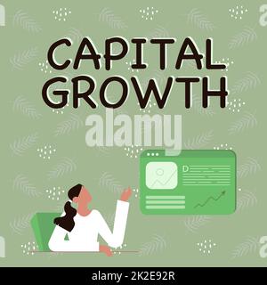 Handwriting text Capital Growth. Business showcase increase in the value of an asset or investment over time Line Drawing For Lady Sitting Presenting New Ideas With Web Browser Screen Stock Photo