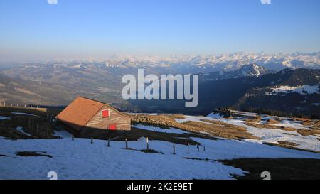 Mountain ranges and lake seen from Mount Rigi, Switzerland. Stock Photo