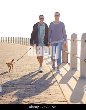 Seaside walk with our little princess. Shot of a young gay couple enjoying a walk on the promenade with their dog. Stock Photo