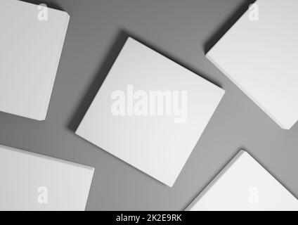 Dark graphite gray, black and white, 3D render minimal, simple top view flat lay product display background with podium stands and geometric shapes Stock Photo