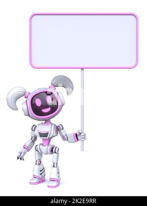 Cute pink girl robot with blank banner sign 3D Stock Photo