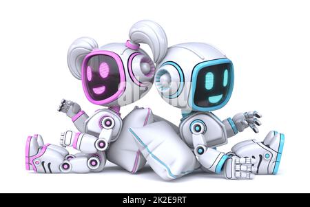 Cute pink girl and blue boy robots talking an pillows 3D Stock Photo