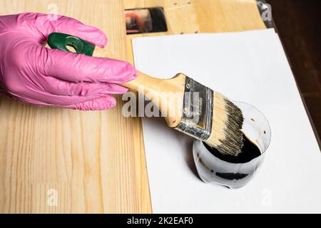 gloved hand dips brush into jar of wood stain Stock Photo