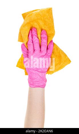 hand in pink glove hold crumpled yellow rag cutout Stock Photo