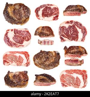 set of various cooked and raw rib eye beef steaks Stock Photo