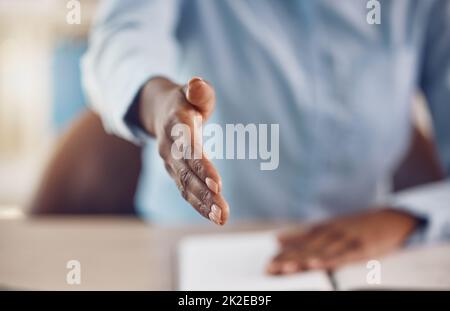 Hiring, handshake and youre hired after a job interview, congratulations and welcome to our business by the hr manager. Promotion, recruitment and ceo Stock Photo
