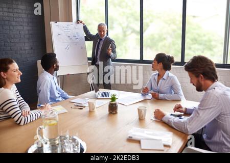 Getting them up to speed. Shot a mature businessman giving a presentation in the boardroom. Stock Photo