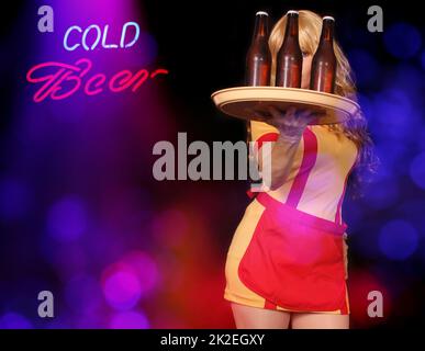 Waitress in Bar With Jukebox and neon lights Stock Photo