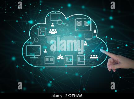 Cloud data storage and businessman's hand. Information exchange and secure data storage. Cloud server and high technology Stock Photo