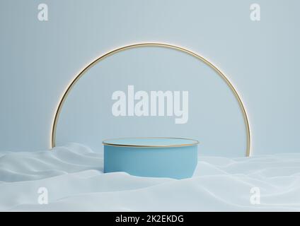 Light, pastel, baby blue 3D rendering luxurious product display podium or stand minimal composition with golden arch line in background and light Stock Photo