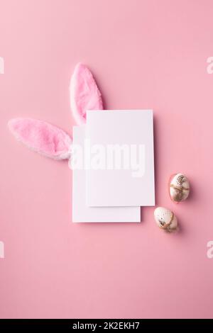 Happy Easter greeting card mock up on pink background Stock Photo
