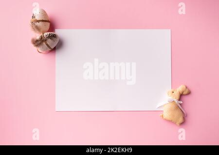 Holiday Mockup, Easter Mockup with decorative rabbit and eggs Stock Photo