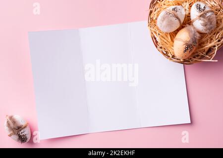 Happy Easter greeting card mock up. Empty card with decorative Easter eggs Stock Photo
