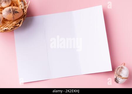 Easter greeting card design. Easter brochure mockup with decorative Easter eggs Stock Photo
