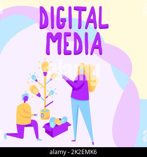 Handwriting text Digital Media. Business showcase digitized content that can be transmitted over the internet Man And Woman Drawing Standing Kneeling Assembling Light Bulb Tree. Stock Photo