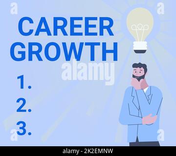 Hand writing sign Career Growth. Business approach the process of making progress to better jobs or career Illustration Of A Man Standing Coming Up With New Amazing Ideas. Stock Photo