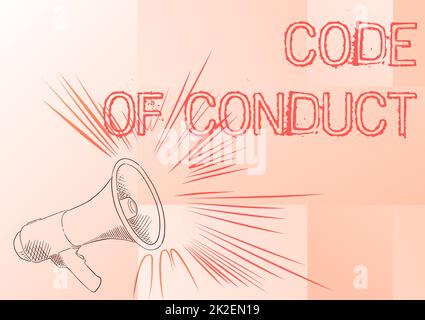 Writing displaying text Code Of Conduct. Business idea Ethics rules moral codes ethical principles values respect Illustration Of A Loud Megaphones Speaker Making New Announcements. Stock Photo