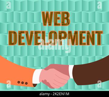 Writing displaying text Web Development. Word Written on Web Development Two Men Drawing With Paper Background Shake Hands Presenting Agreement Stock Photo