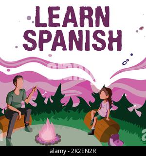 Text showing inspiration Learn Spanish. Word Written on Translation Language in Spain Vocabulary Dialect Speech Father And Daughter Sitting Next To Campfire Enjoying Camping At The Park Stock Photo