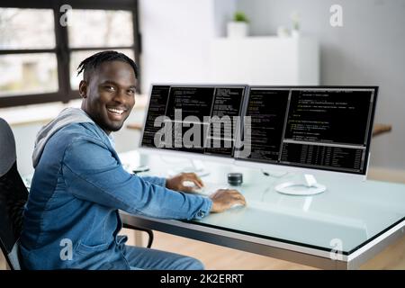 Computer Programmer Writing Program Code On Computer Stock Photo